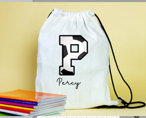 Initial alphabet themed drawstring PE  gym bags