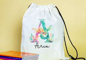 Initial alphabet themed drawstring PE  gym bags