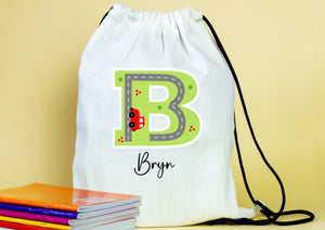 Initial alphabet themed drawstring PE  gym bags