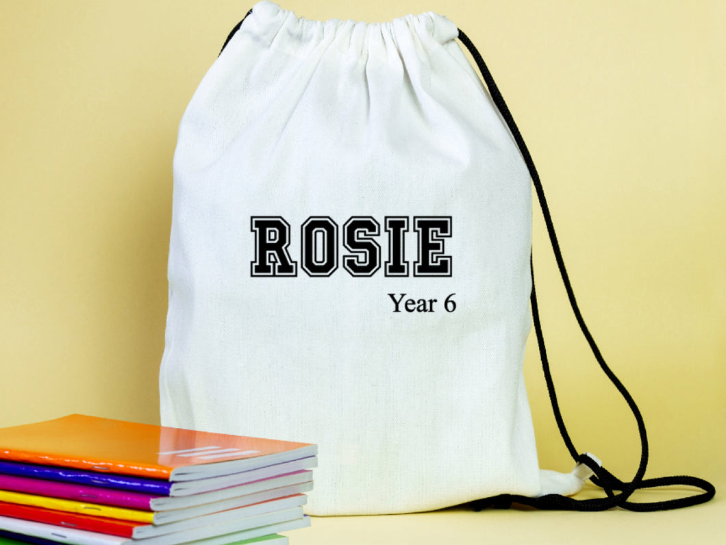 Name and year personalised drawstring pe gym bag