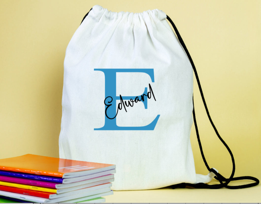 Big initial and name pe gym drawstring bag