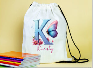 Initial alphabet themed drawstring PE  gym bags