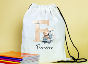 Initial alphabet themed drawstring PE  gym bags