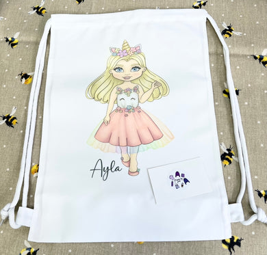 Personalised  unicorn girl drawstring bag