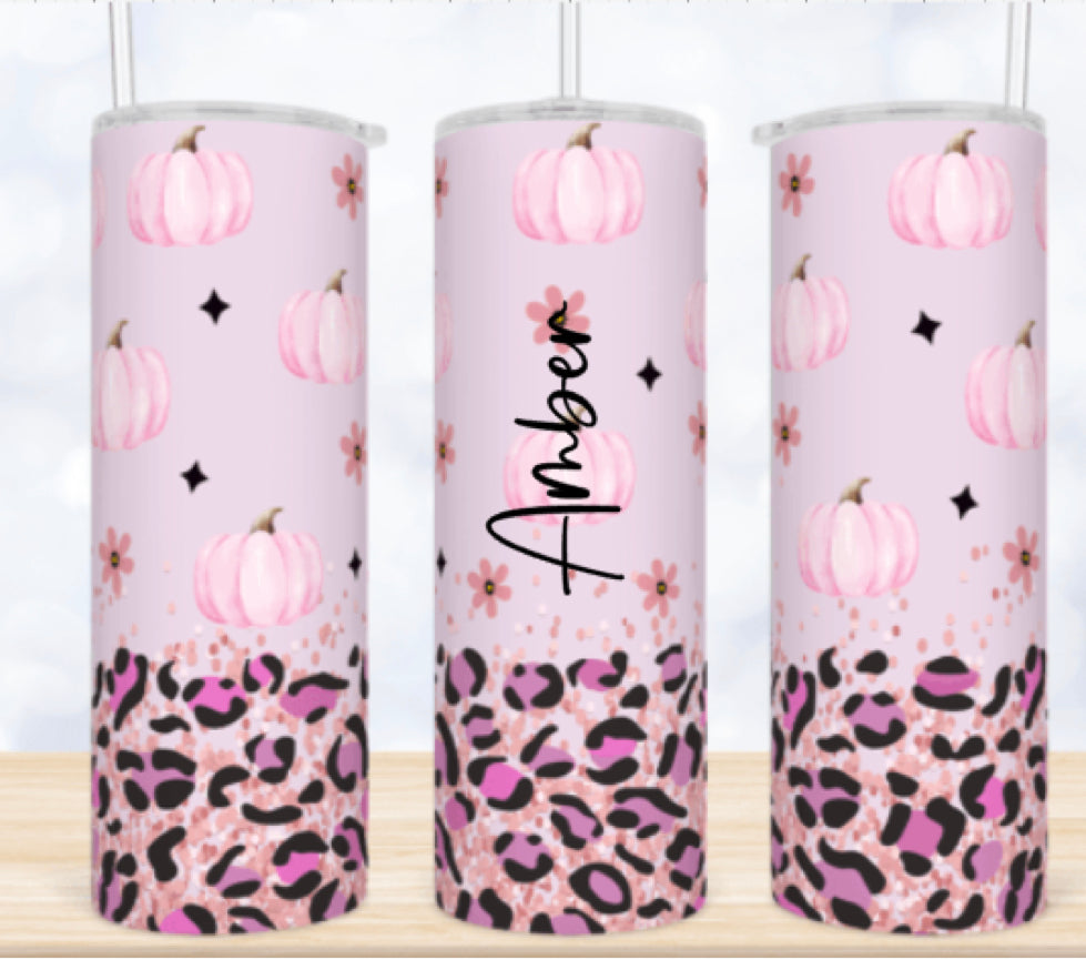 Pink pumpkin leopard print metal tumbler