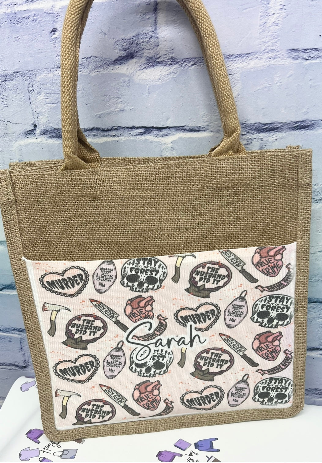 True crime hessian bag