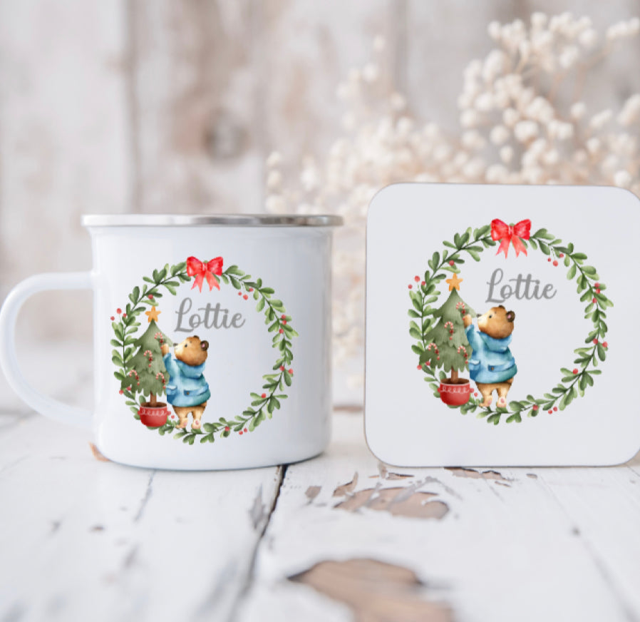 Cute bear wreath cup and coaster set