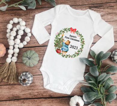 Bear wreath baby first Christmas vest