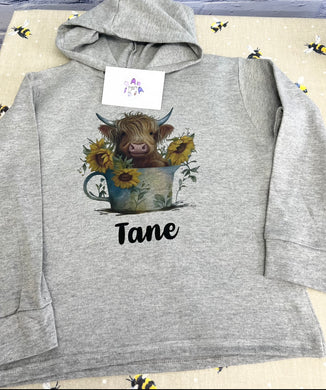 Highland cow childrens personalised hoodie